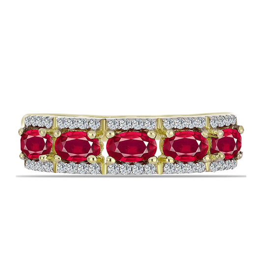 Anel de Prata com Banho de Ouro com Rubi de Madagáscar e Topázio Branco Contraste: Cabeca de Veado (800)