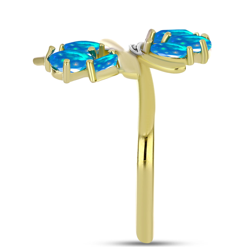 Anel de Prata com Banho de Ouro com Opala Paraíso da Etiópia e Topázio Branco Contraste: Cabeca de Veado (800)