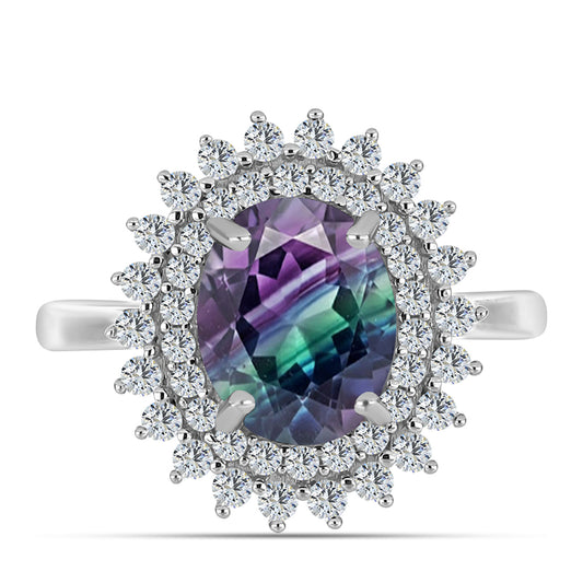 Anel de Prata com Fluorita Zebra e Topázio Branco Contraste: Cabeca de Veado (800)