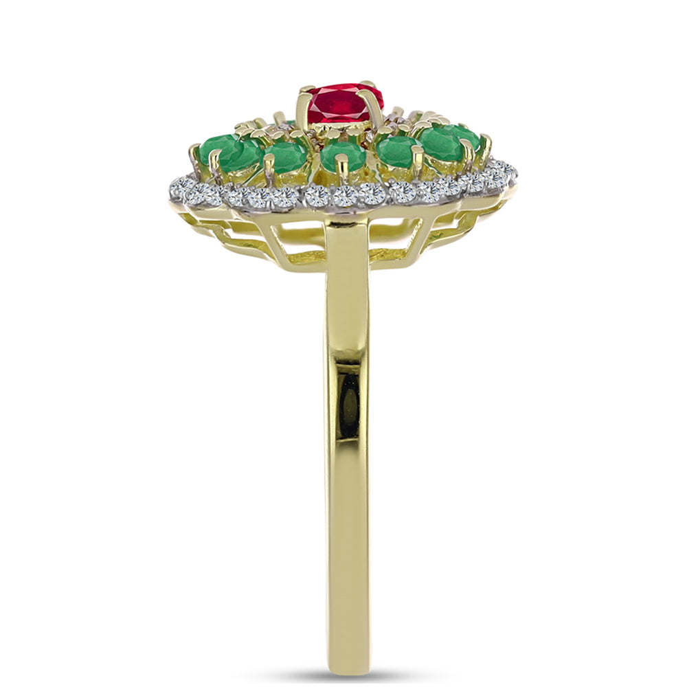 Anel de Prata com Banho de Ouro com Rubi de Madagáscar e Esmeralda do Brasil Contraste: Cabeca de Veado (800)