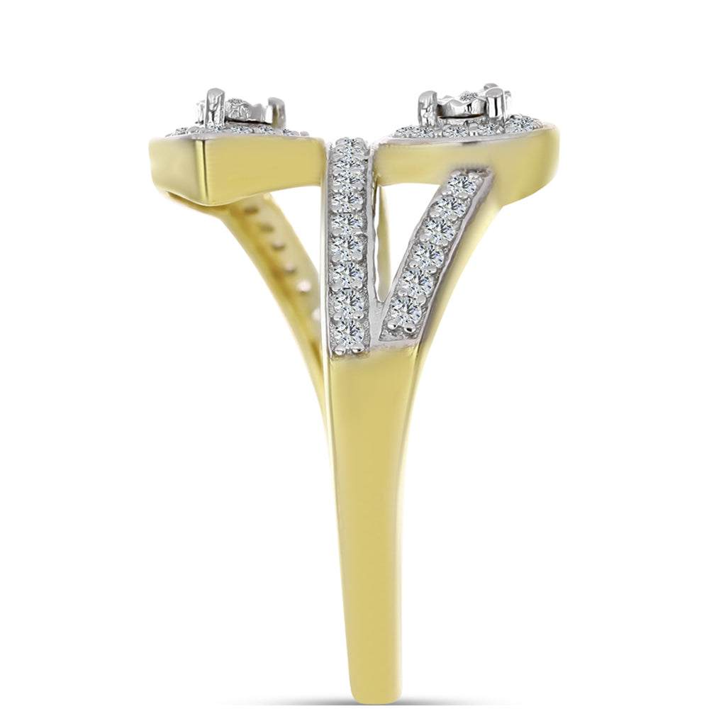 Anel de Prata com Banho de Ouro com Diamante Branco e Topázio Branco Contraste: Cabeca de Veado (800)