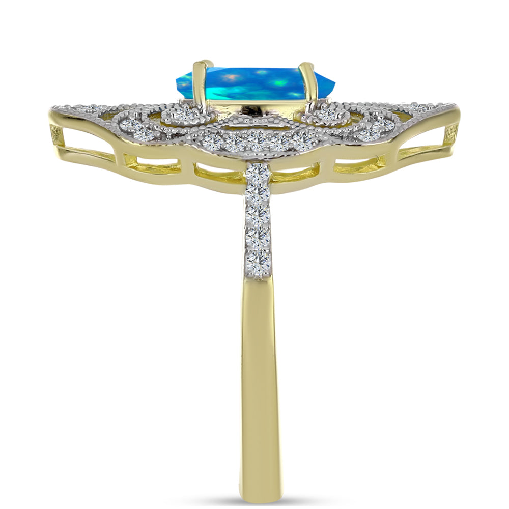Anel de Prata com Banho de Ouro com Opala Paraíso da Etiópia e Topázio Branco Contraste: Cabeca de Veado (800)