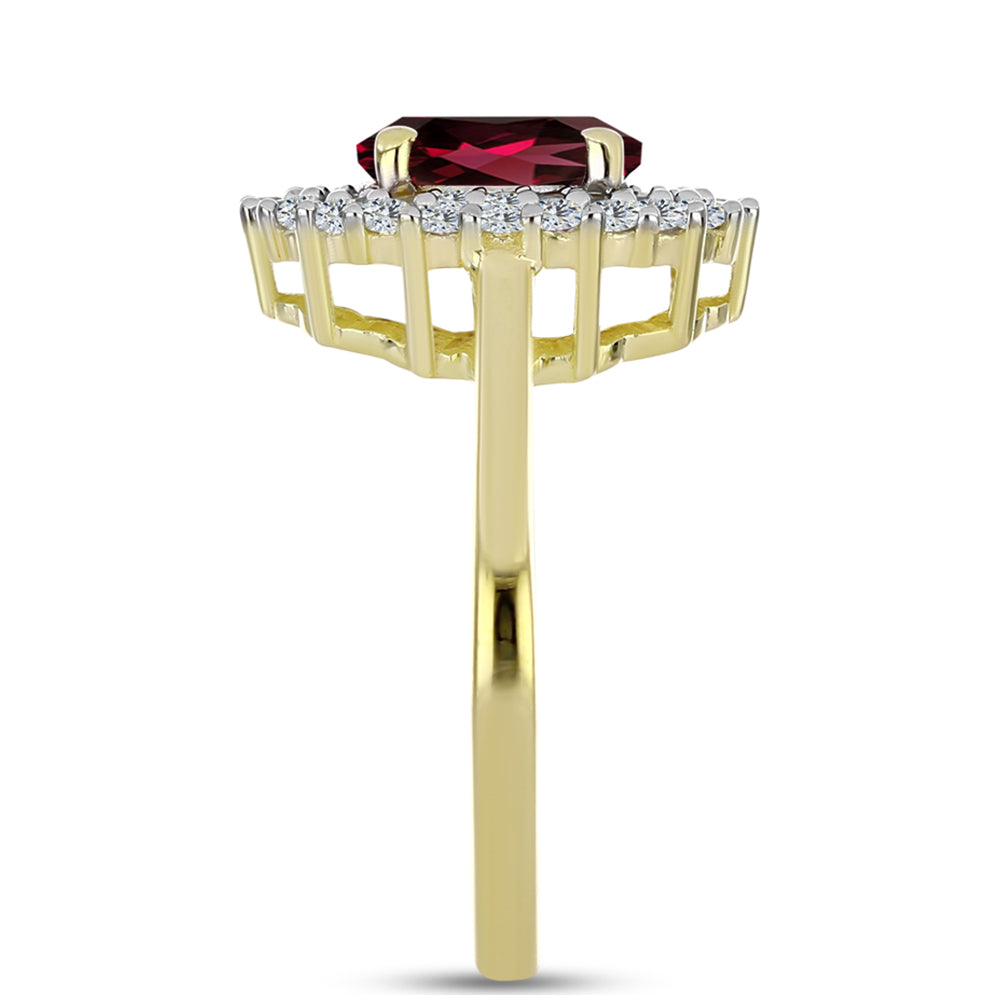 Anel de Prata com Banho de Ouro com Granada de Rhodolite e Topázio Branco Contraste: Cabeca de Veado (800)
