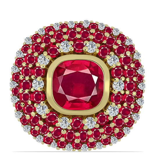 Anel de Prata com Banho de Ouro com Rubi de Madagáscar e Topázio Branco Contraste: Cabeca de Veado (800)