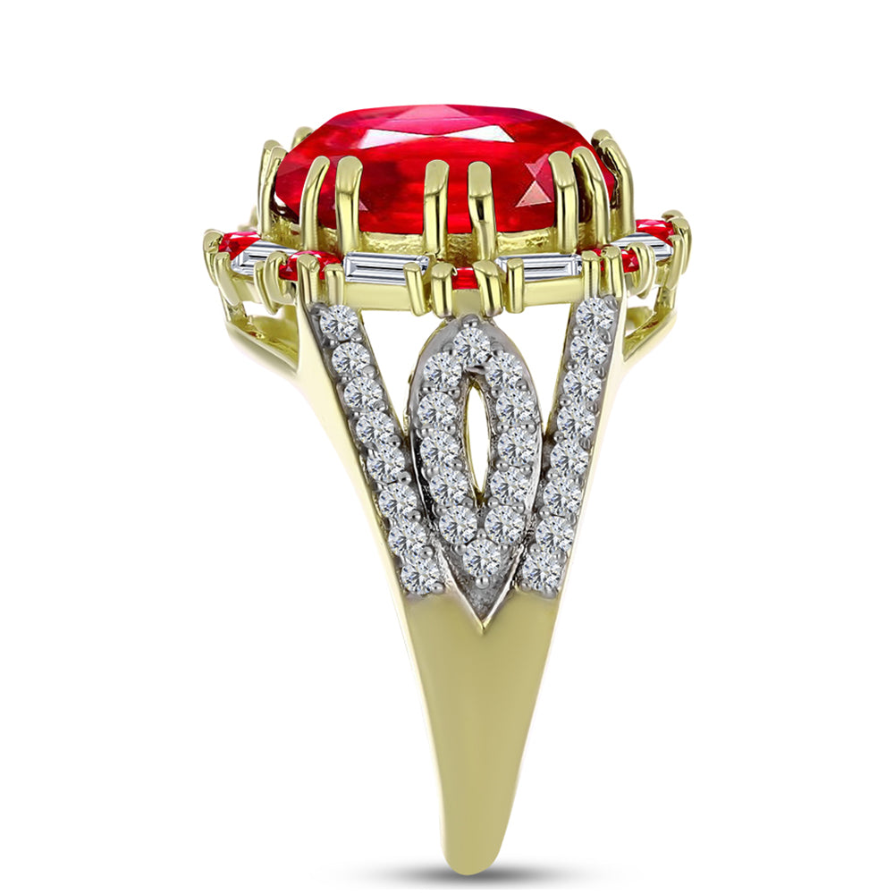 Anel de Prata com Banho de Ouro com Ágata Vermelha e Zircão Branco Contraste: Cabeca de Veado (800)