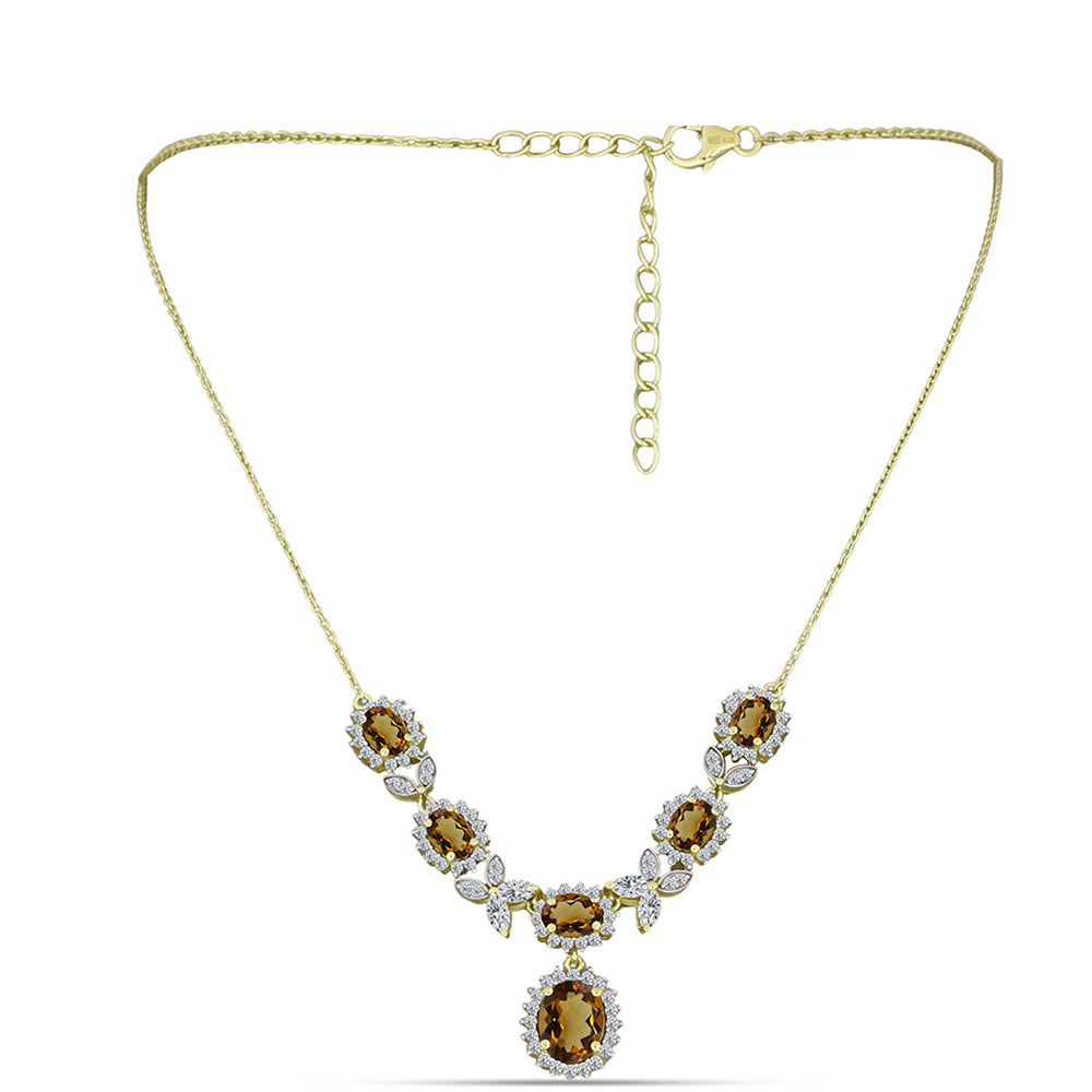 Colar de Prata com Banho de Ouro com Quartzo Cognac e Topázio Branco Contraste: Cabeca de Veado (800)