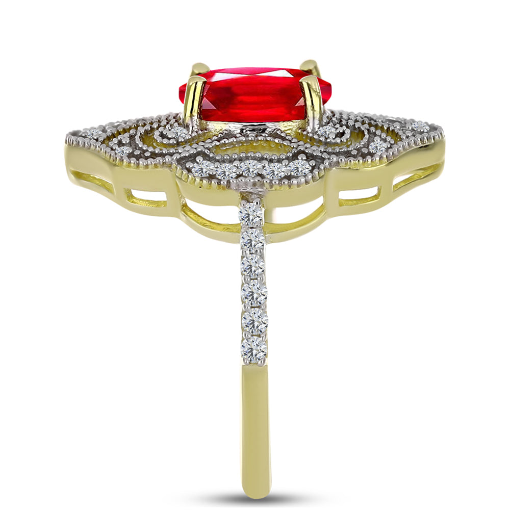 Anel de Prata com Banho de Ouro com Ágata Vermelha e Topázio Branco Contraste: Cabeca de Veado (800)