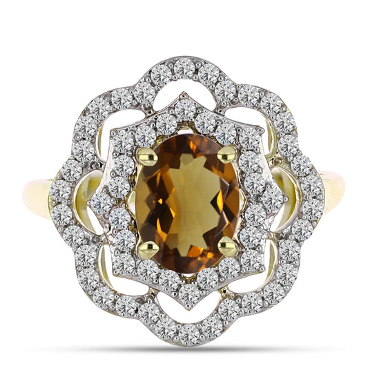 Anel de Prata com Banho de Ouro com Quartzo Cognac e Topázio Branco Contraste: Cabeca de Veado (800)
