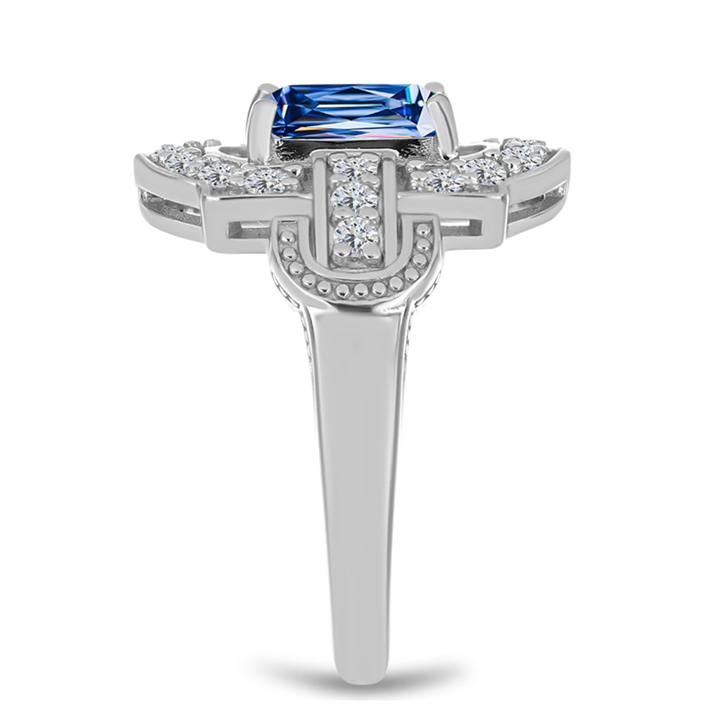 Anel de Prata com Moissanite Azul Oceano e Topázio Branco Contraste: Cabeca de Veado (800)