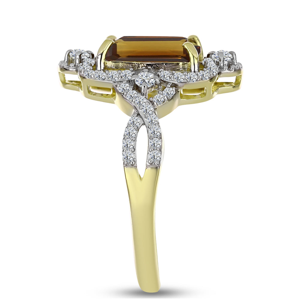 Anel de Prata com Banho de Ouro com Quartzo Cognac e Topázio Branco Contraste: Cabeca de Veado (800)