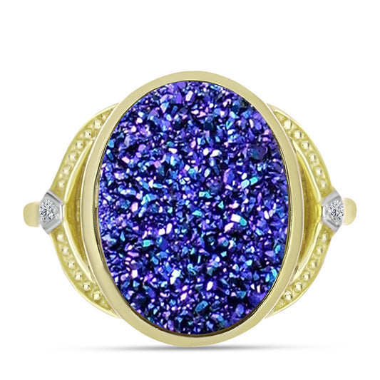 Anel de Prata com Banho de Ouro com Drusy Roxo e Topázio Branco Contraste: Cabeca de Veado (800)