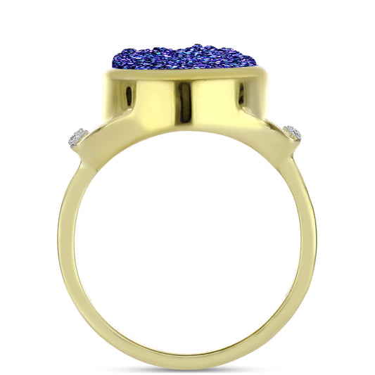 Anel de Prata com Banho de Ouro com Drusy Roxo e Topázio Branco Contraste: Cabeca de Veado (800)