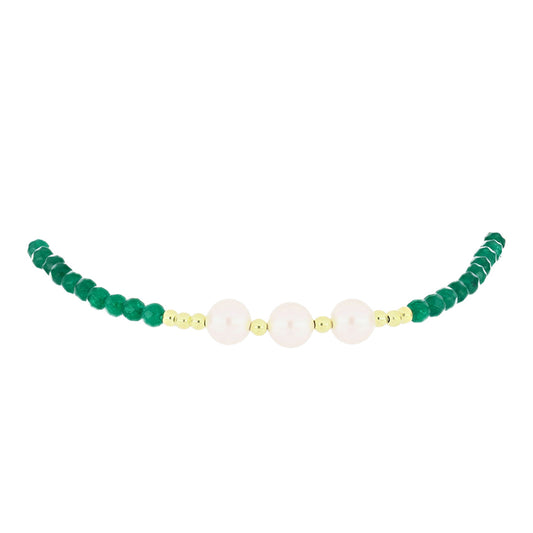 Pulseira de Prata com Banho de Ouro com Ágata Verde e Pérola Branca de Água Doce