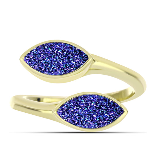 Anel de Prata com Banho de Ouro com Drusy Roxo Contraste: Cabeca de Veado (800)