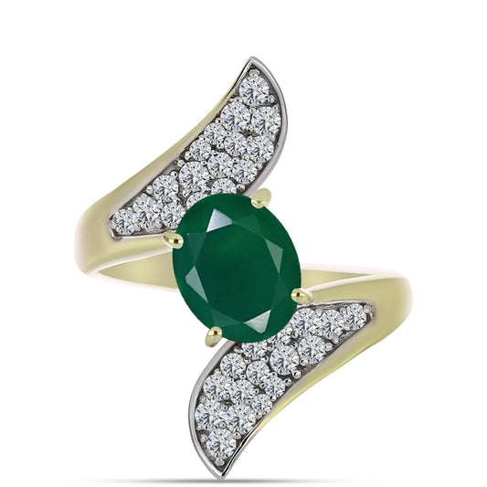 Anel de Prata com Banho de Ouro com Ágata Verde e Topázio Branco Contraste: Cabeca de Veado (800)