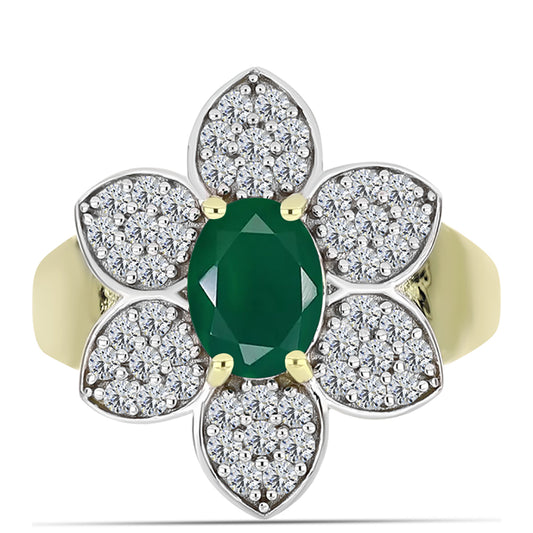Anel de Prata com Banho de Ouro com Ágata Verde e Topázio Branco Contraste: Cabeca de Veado (800)