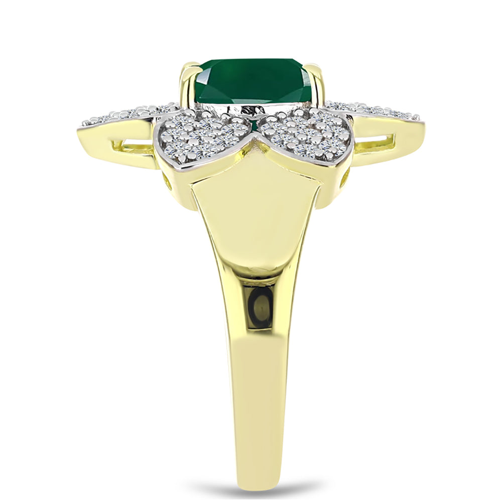 Anel de Prata com Banho de Ouro com Ágata Verde e Topázio Branco Contraste: Cabeca de Veado (800)