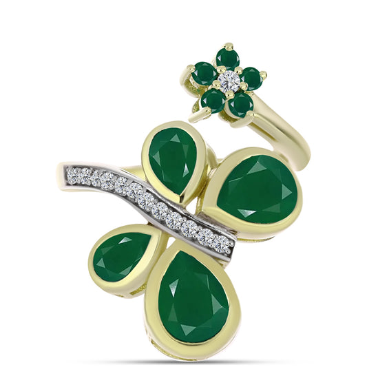 Anel de Prata com Banho de Ouro com Ágata Verde Contraste: Cabeca de Veado (800)