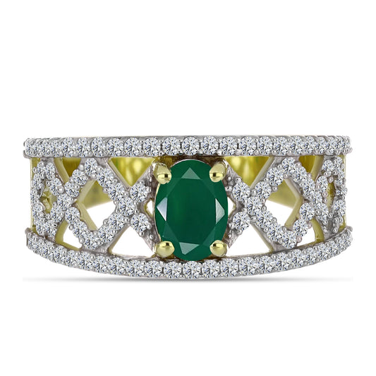 Anel de Prata com Banho de Ouro com Ágata Verde e Topázio Branco Contraste: Cabeca de Veado (800)