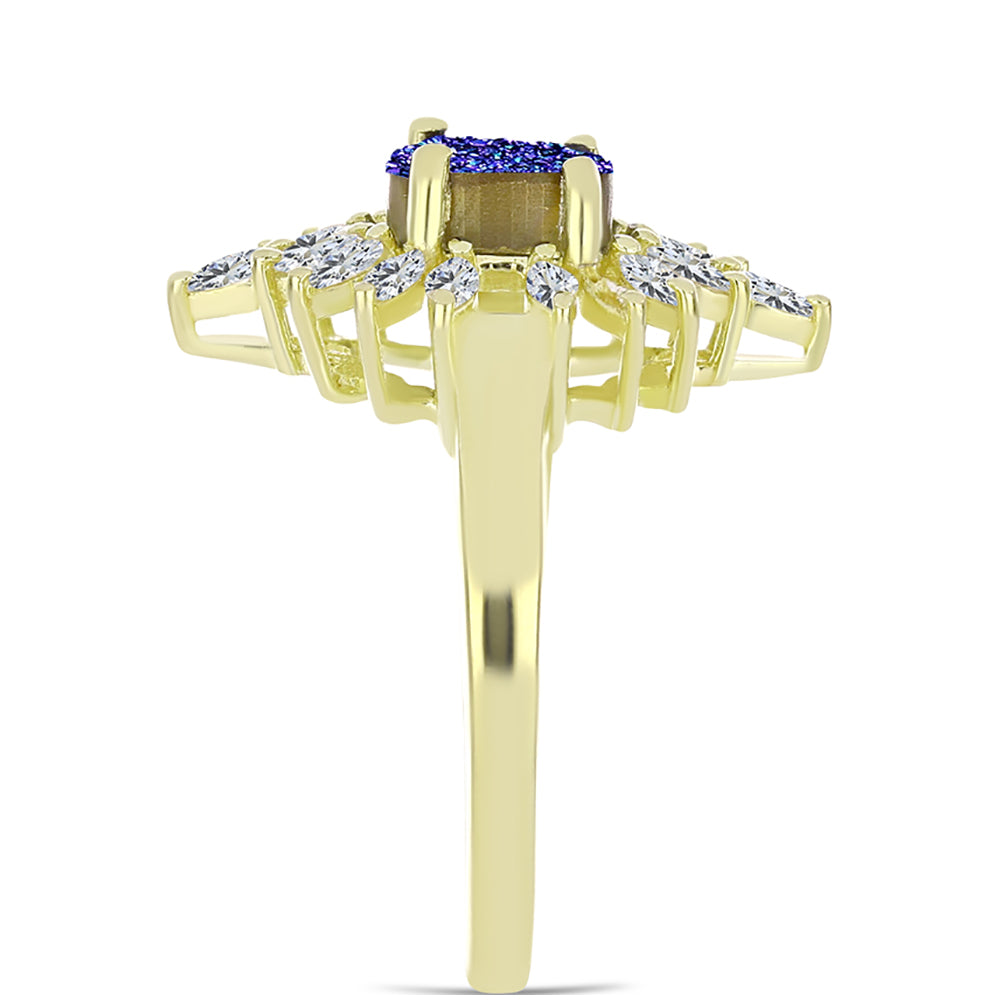 Anel de Prata com Banho de Ouro com Drusy Roxo e Zircão Branco Contraste: Cabeca de Veado (800)