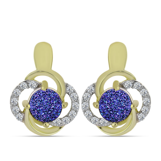 Brincos de Prata com Banho de Ouro com Drusy Roxo e Topázio Branco