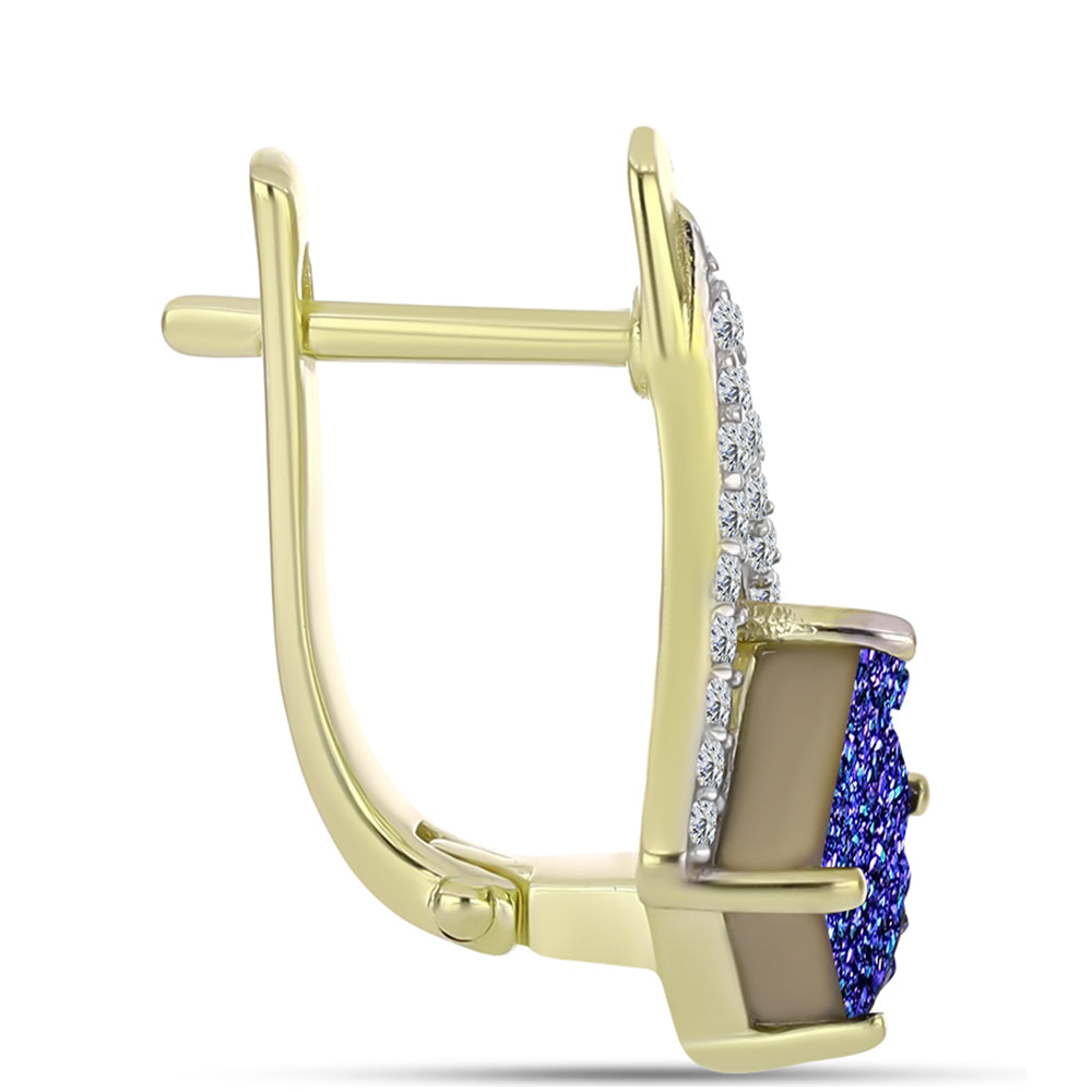 Brincos de Prata com Banho de Ouro com Drusy Roxo e Topázio Branco