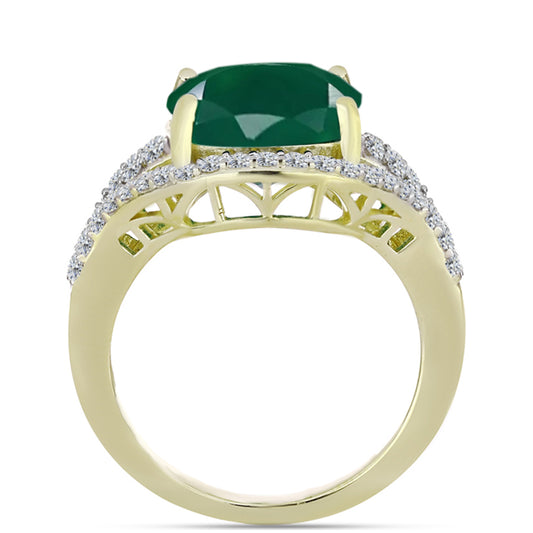 Anel de Prata com Banho de Ouro com Ágata Verde e Topázio Branco Contraste: Cabeca de Veado (800)