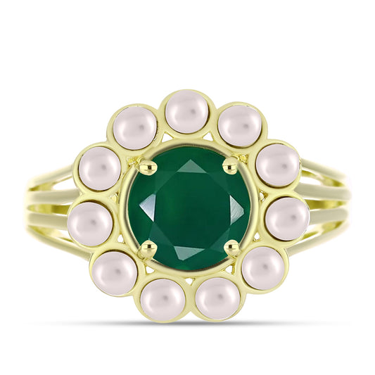 Anel de Prata com Banho de Ouro com Ágata Verde e Pérola Branca de Água Doce Contraste: Cabeca de Veado (800)