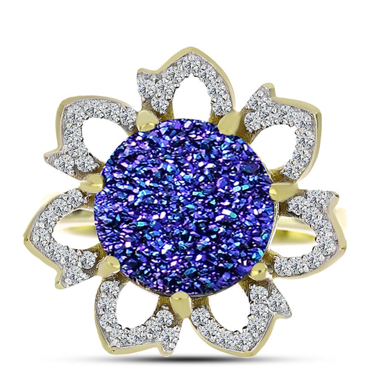 Anel de Prata com Banho de Ouro com Drusy Roxo e Topázio Branco Contraste: Cabeca de Veado (800)