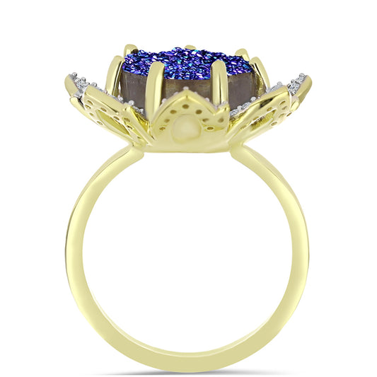 Anel de Prata com Banho de Ouro com Drusy Roxo e Topázio Branco Contraste: Cabeca de Veado (800)