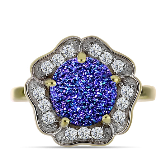 Anel de Prata com Banho de Ouro com Drusy Roxo e Topázio Branco Contraste: Cabeca de Veado (800)
