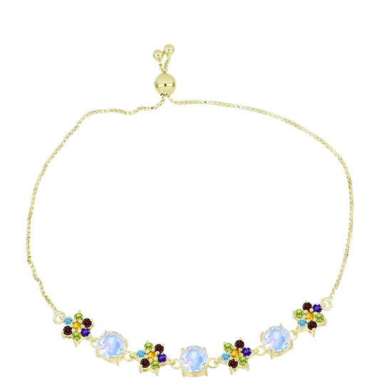 Pulseira de Prata com Banho de Ouro com Pedra da Lua Arco-íris e Ametista de Marrocos Contraste: Cabeca de Veado (800)