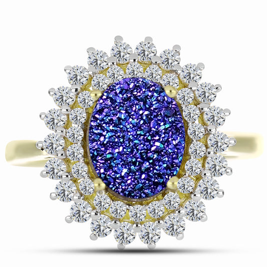 Anel de Prata com Banho de Ouro com Drusy Roxo e Topázio Branco Contraste: Cabeca de Veado (800)