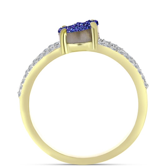 Anel de Prata com Banho de Ouro com Drusy Roxo e Topázio Branco Contraste: Cabeca de Veado (800)