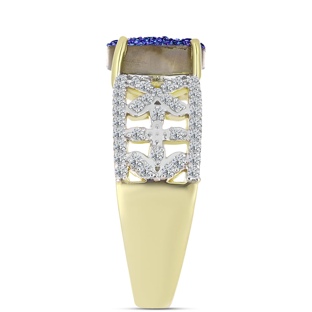 Anel de Prata com Banho de Ouro com Drusy Roxo e Topázio Branco Contraste: Cabeca de Veado (800)
