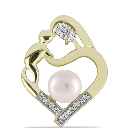 Pendente de Prata com Banho de Ouro com Diamante Branco e Pérola Branca de Água Doce