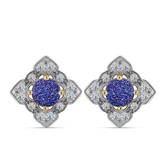 Brincos de Prata com Banho de Ouro com Drusy Roxo e Topázio Branco