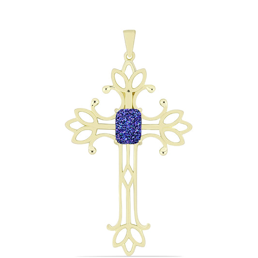 Cruz Pendente de Prata com Banho de Ouro com Drusy Roxo Contraste: Cabeca de Veado (800)