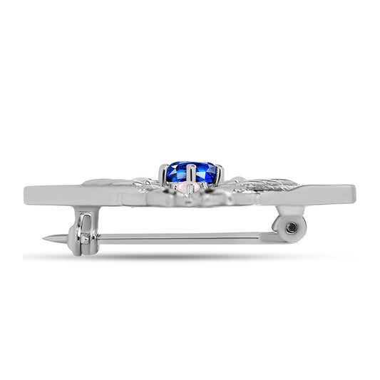Alfinete de Prata com Safira Azul Australiana e Pérola Branca de Água Doce Contraste: Cabeca de Veado (800)