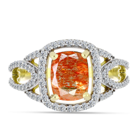 Anel de Prata com Banho de Ouro com Pedra do Sol de Oregon e Topázio Branco Contraste: Cabeca de Veado (800)