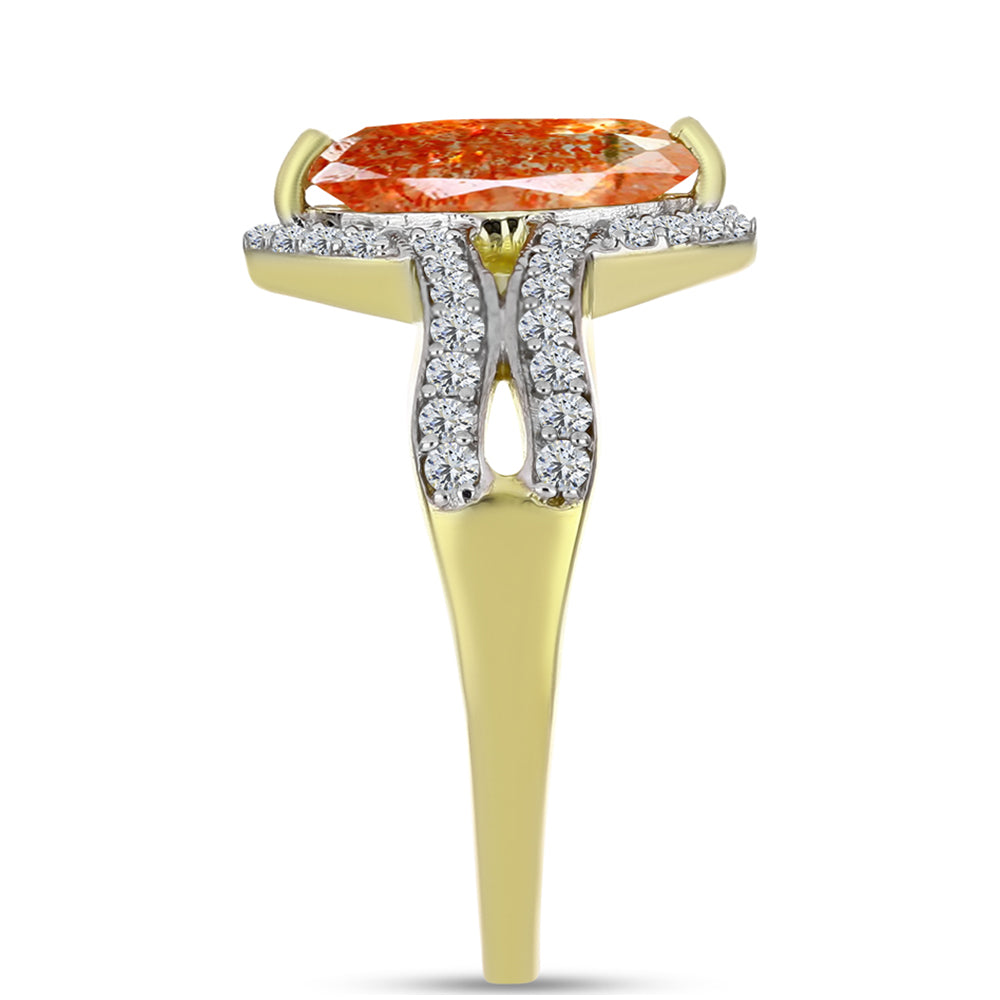 Anel de Prata com Banho de Ouro com Pedra do Sol de Oregon e Topázio Branco Contraste: Cabeca de Veado (800)