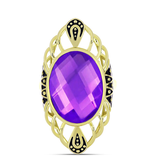 Anel de Prata com Banho de Ouro com Ágata Roxa Contraste: Cabeca de Veado (800)