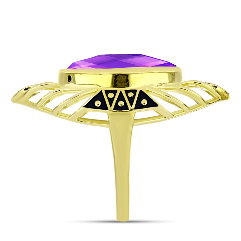 Anel de Prata com Banho de Ouro com Ágata Roxa Contraste: Cabeca de Veado (800)