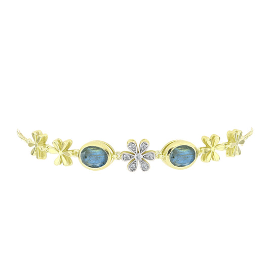 Pulseira de Prata com Banho de Ouro com Labradorite e Topázio Branco Contraste: Cabeca de Veado (800)