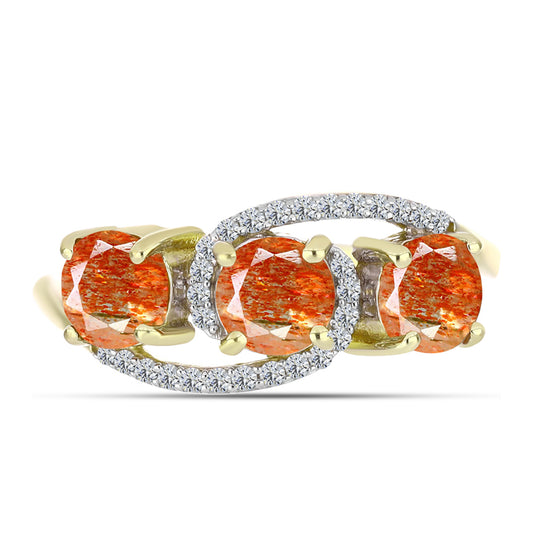 Anel de Prata com Banho de Ouro com Pedra do Sol de Oregon e Topázio Branco Contraste: Cabeca de Veado (800)