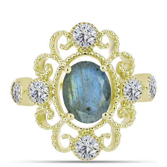 Anel de Prata com Banho de Ouro com Labradorite e Topázio Branco Contraste: Cabeca de Veado (800)