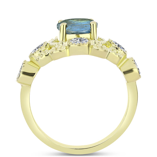 Anel de Prata com Banho de Ouro com Labradorite e Topázio Branco Contraste: Cabeca de Veado (800)