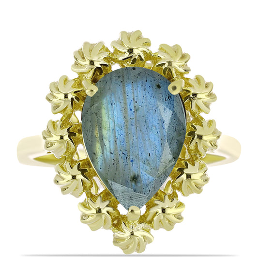 Anel de Prata com Banho de Ouro com Labradorite Contraste: Cabeca de Veado (800)