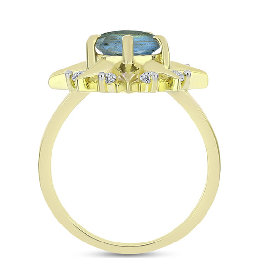 Anel de Prata com Banho de Ouro com Labradorite e Topázio Branco Contraste: Cabeca de Veado (800)