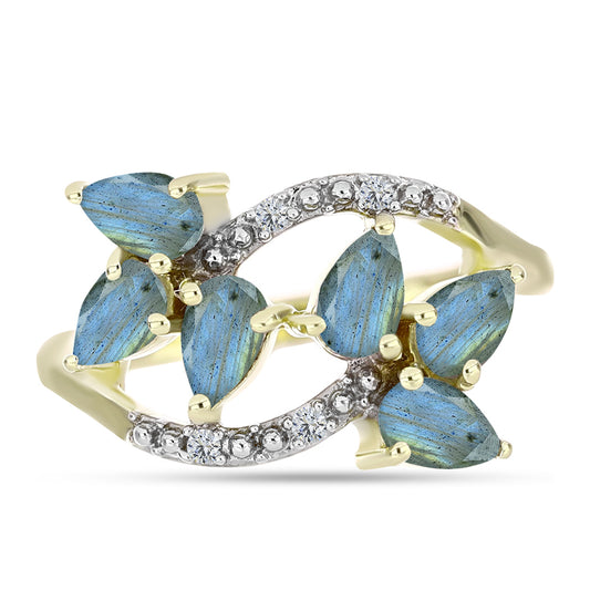 Anel de Prata com Banho de Ouro com Labradorite e Topázio Branco